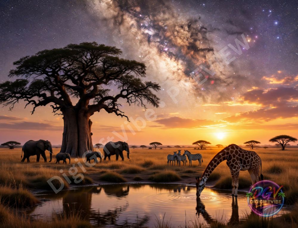 African wildlife beneath a baobab tree at sunset under the Milky Way