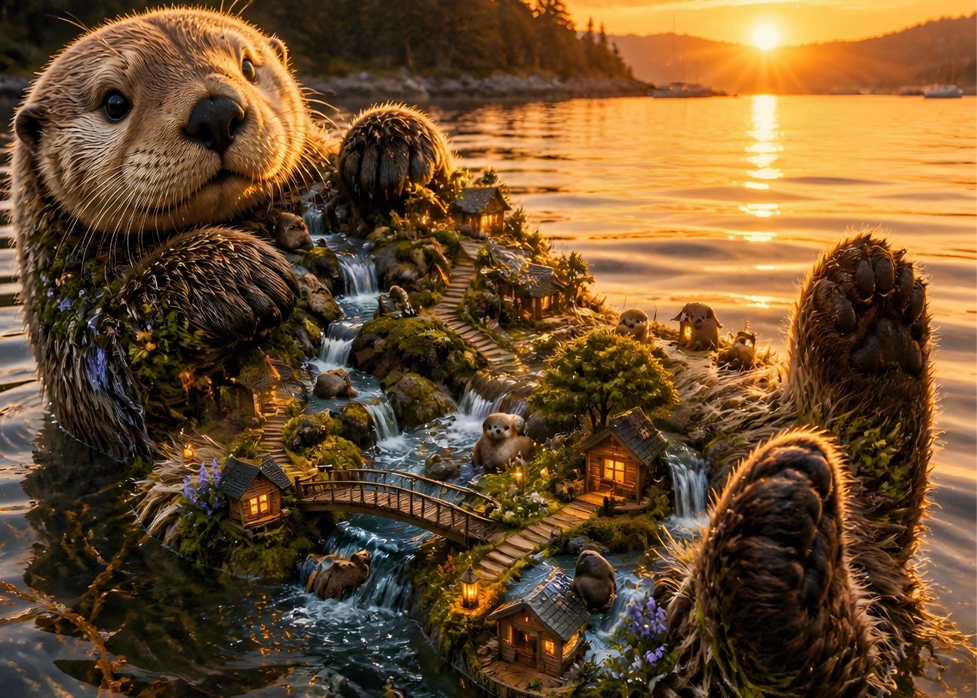 Enchanted otter village with waterfalls and cottages at golden sunset