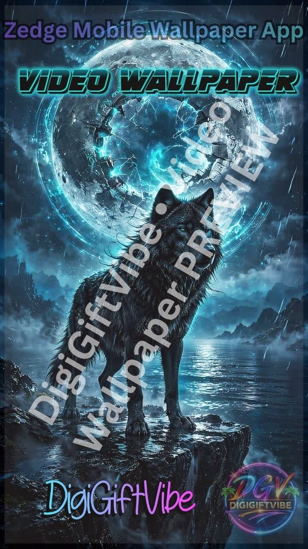 Lunar Wolf Portal animated video wallpaper featuring a black wolf beneath a fractured glowing blue moon portal in a rainy fantasy landscape.