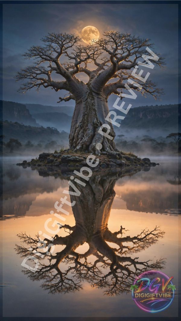 Ancient baobab tree beneath a glowing full moon reflected in calm water within a misty African landscape.