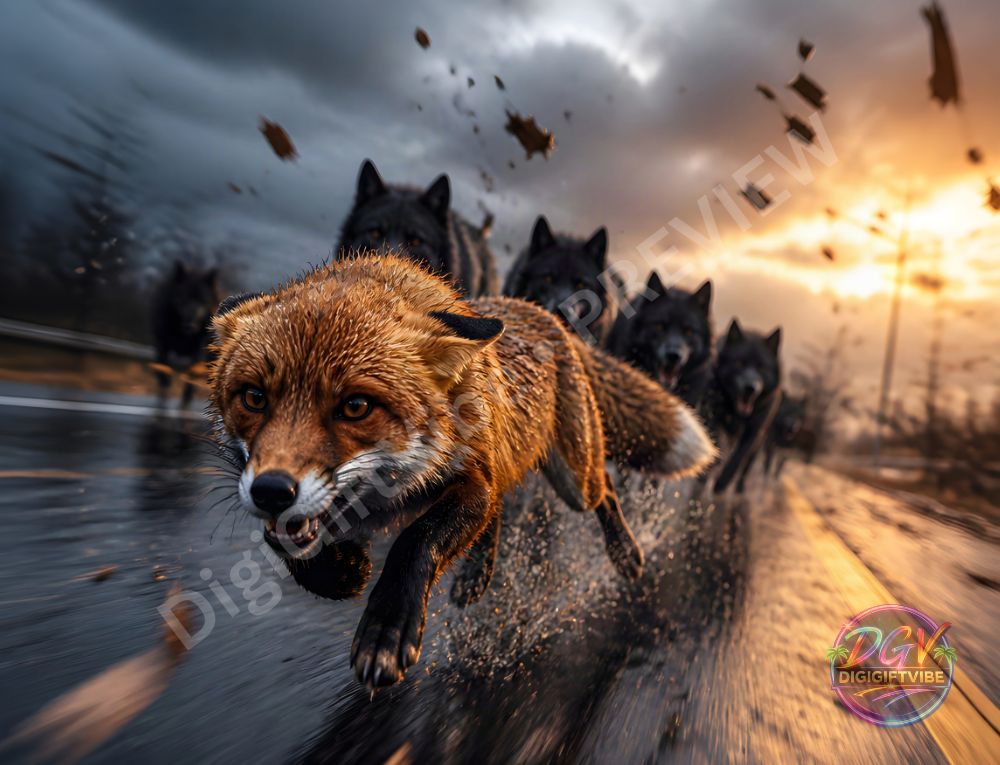 Red fox escaping a wolf pack through a dramatic stormy landscape