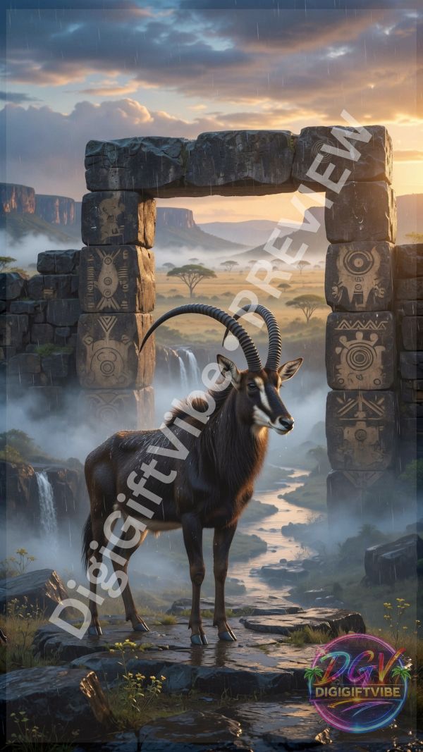 Sable antelope standing beneath an ancient stone gateway overlooking waterfalls and a misty African landscape.