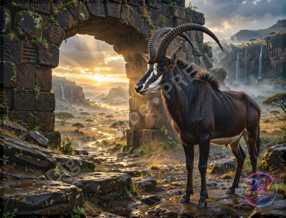 Sable antelope standing beside an ancient stone gateway overlooking a dramatic African fantasy landscape at sunset – DigiGiftVibe digital art.