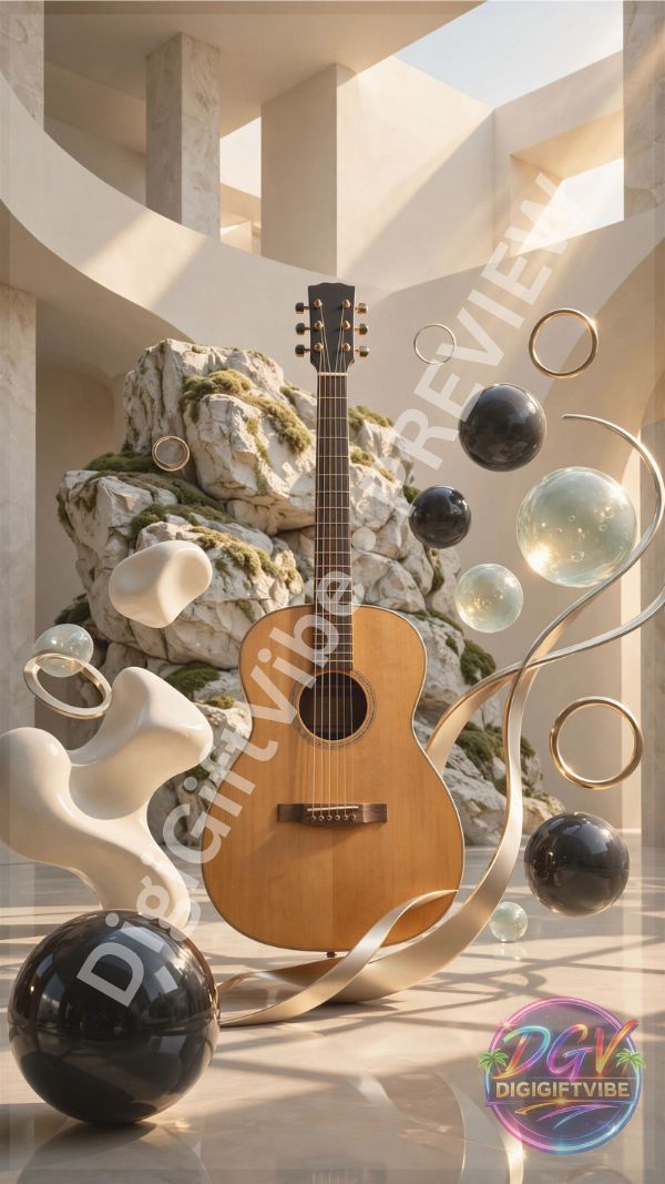 Acoustic guitar surrounded by floating spheres, golden rings and sculptural forms in a sunlit modern architectural setting.