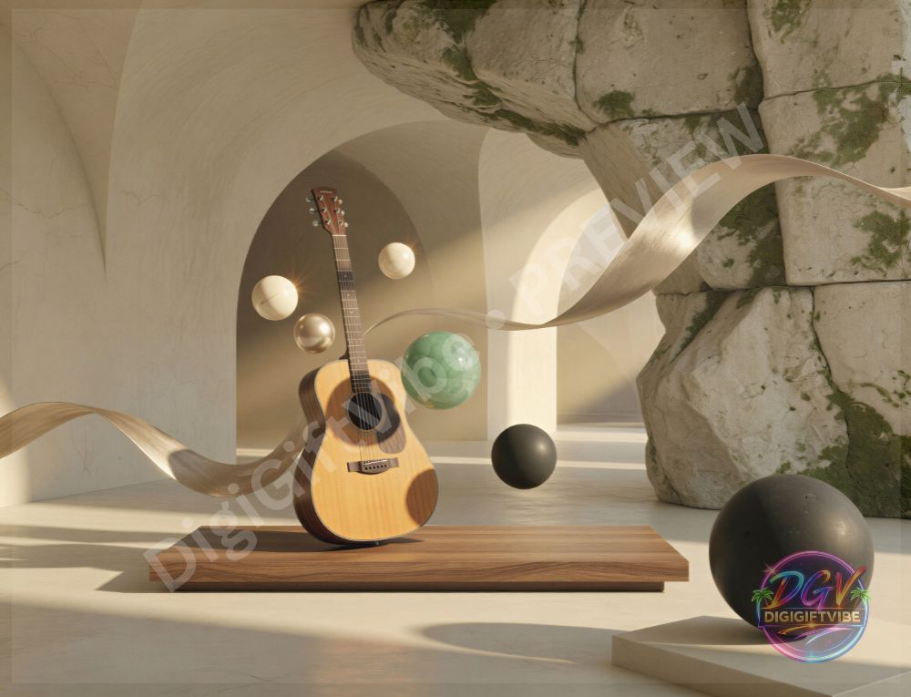 Acoustic guitar surrounded by floating spheres and flowing metallic ribbons in a sunlit surreal stone interior – DigiGiftVibe digital art.