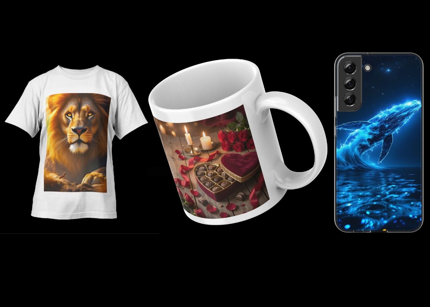 DigiGiftVibe artwork on a lion T-shirt, romantic gift mug and blue whale phone case