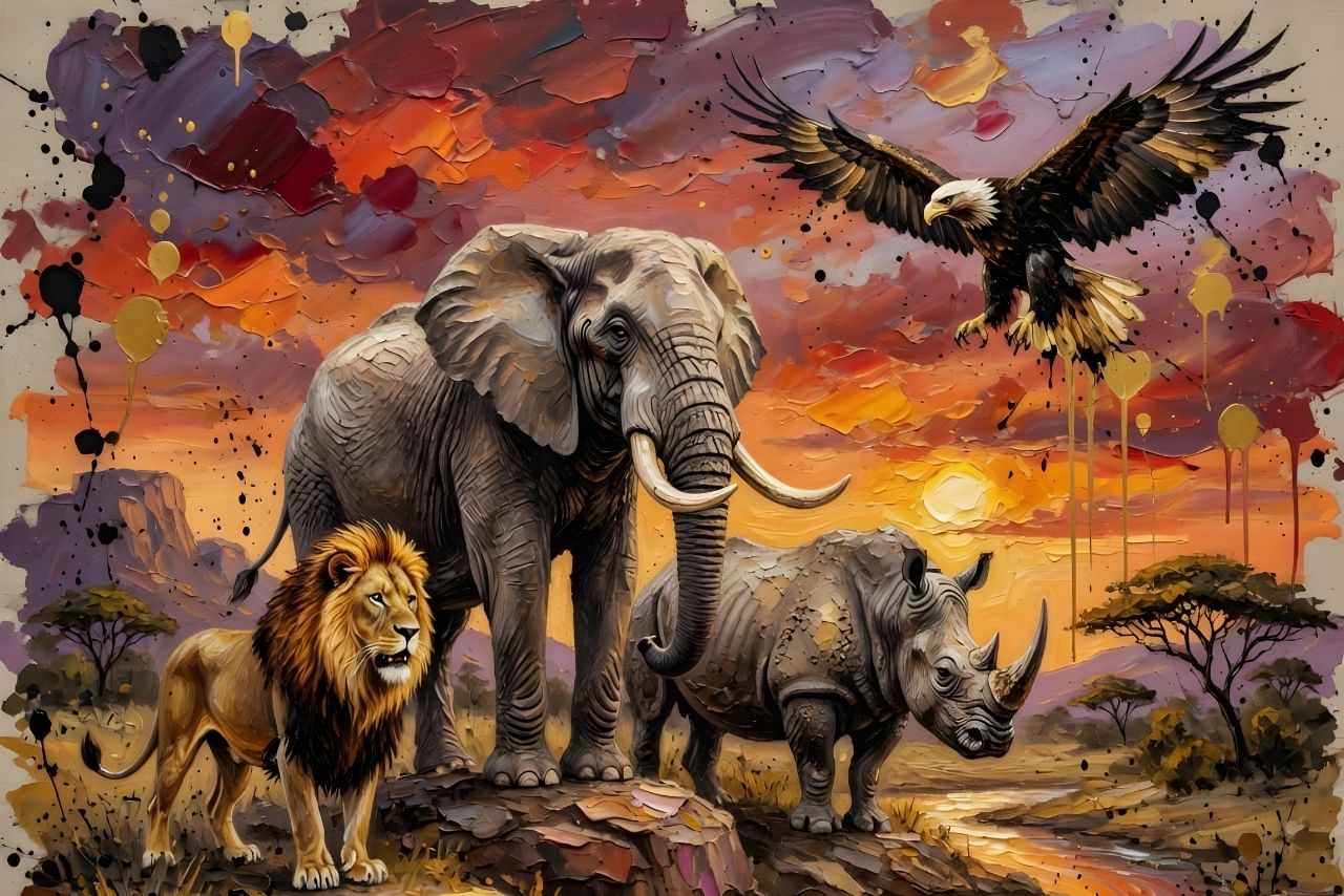 African wildlife artwork featuring an elephant, lion and rhino in a colourful painted landscape
