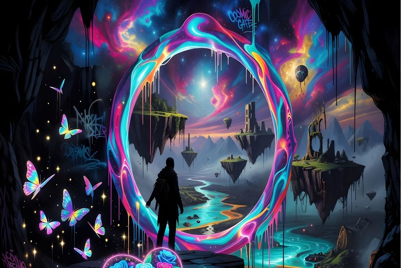 Surreal fantasy artwork featuring a glowing neon portal, floating islands and colourful butterflies