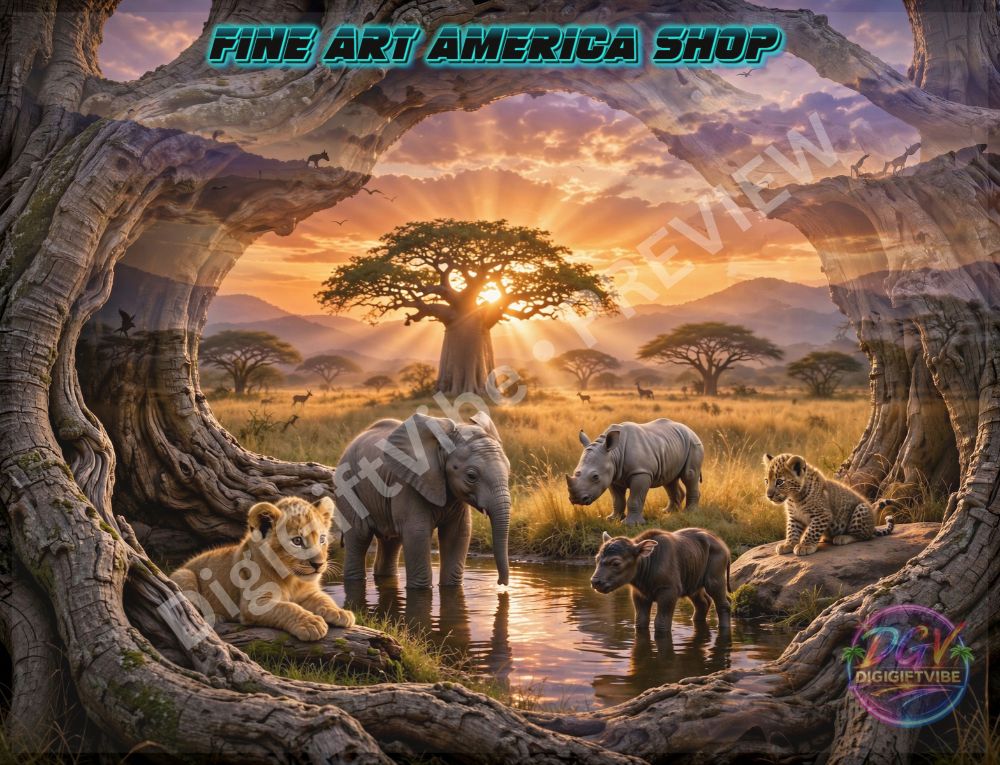 African wildlife fine art featuring baby elephant, rhino, buffalo, lion and leopard gathered at a waterhole beneath a baobab tree at golden sunset by DigiGiftVibe.