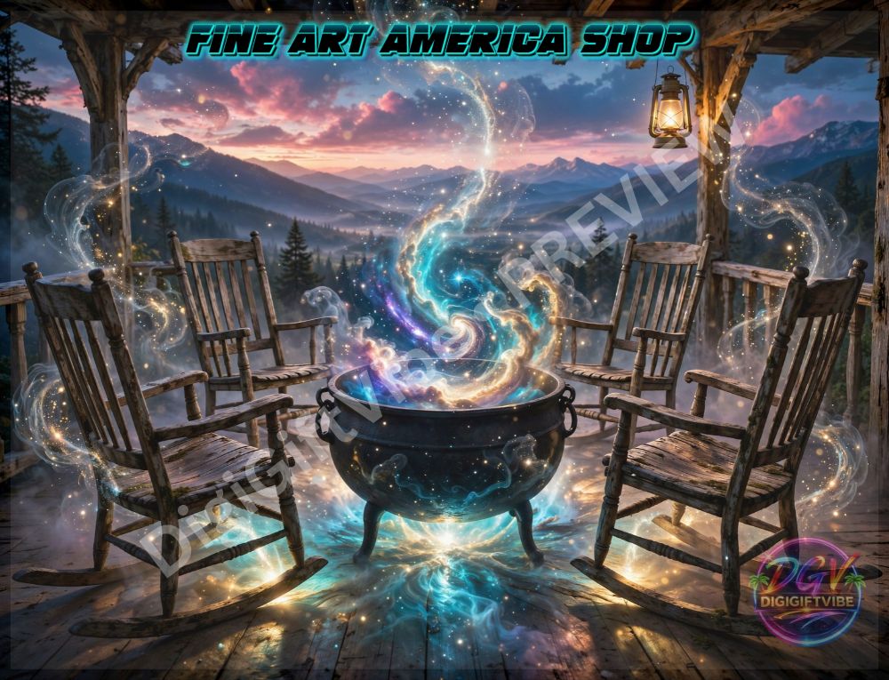 Fantasy fine art featuring a glowing celestial galaxy swirling from a magical cauldron surrounded by rustic rocking chairs on a mountain porch by DigiGiftVibe.