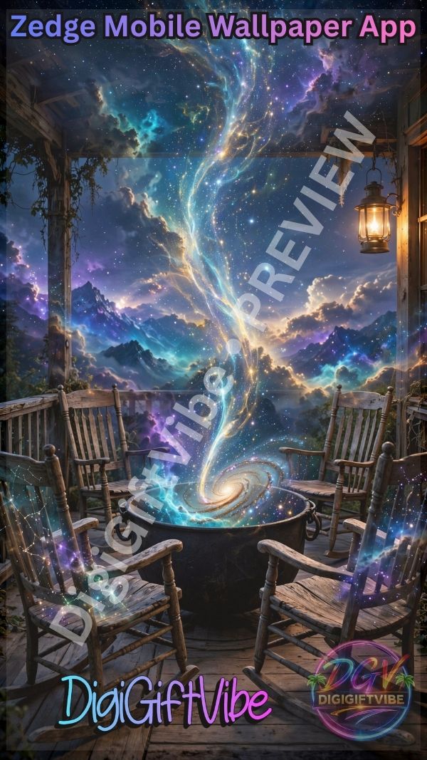 Cosmic fantasy mobile wallpaper featuring a glowing spiral galaxy rising from a portal between wooden rocking chairs beneath a star-filled night sky by DigiGiftVibe.