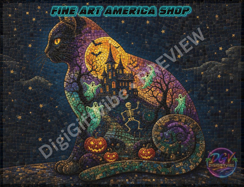 Halloween mosaic cat fine art featuring a haunted castle, glowing pumpkins, ghosts, skeleton and golden moon in a colourful cat silhouette by DigiGiftVibe.