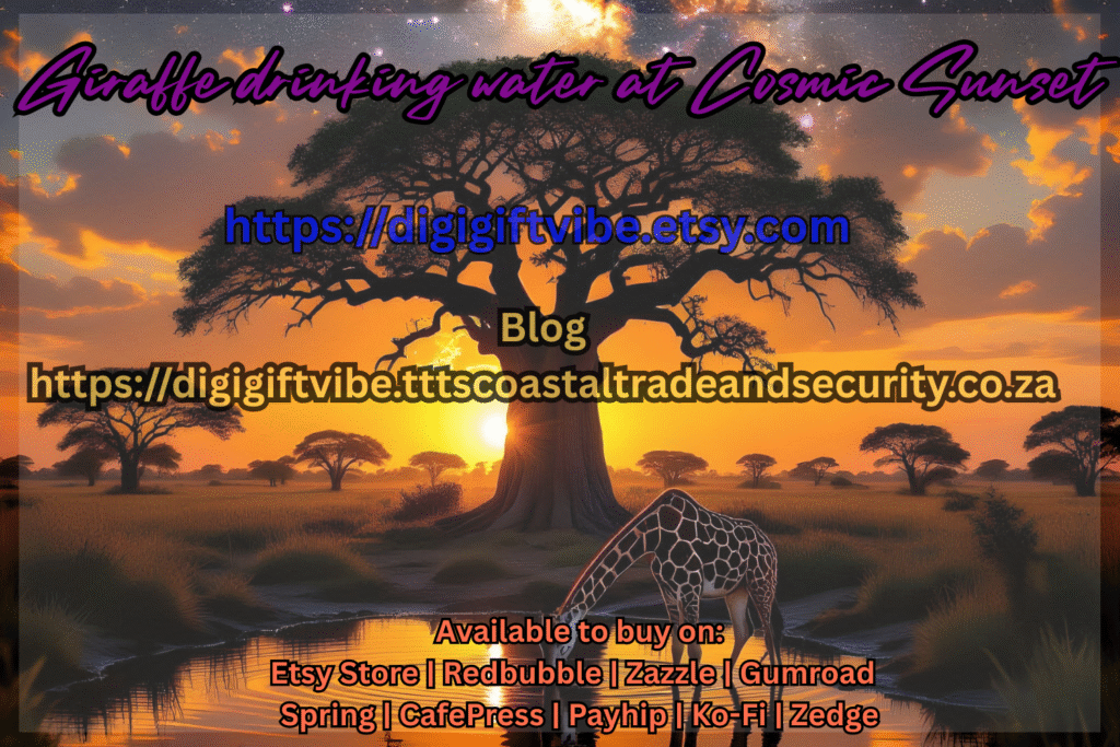 Giraffe drinking water in Cosmic Sunset